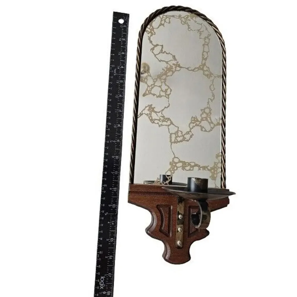 Vintage MCM Iron & Wood Wall Sconce Candlestick Holder, Gold Vein Mirror
